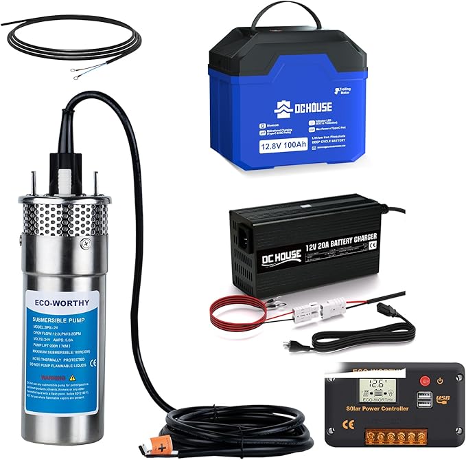 ECO-WORTHY 12V DC Stainless Steel Deep Well Pump Kit - Submersible Pump for Well, Pond, Farm, Home | 20A Battery Charger, 12V 100AH Lithium Battery & Controller | Multiple Packages Delivery