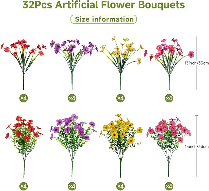 Alupssuc 32 Bundles Artificial Flowers for Outdoors Decoration, UV Resistant Silk Faux Daisy Flora Spring Fake Plastic Plants Greenery for Outside Indoor Yard Home Porch Window Box Decor, Mix 4 Colors
