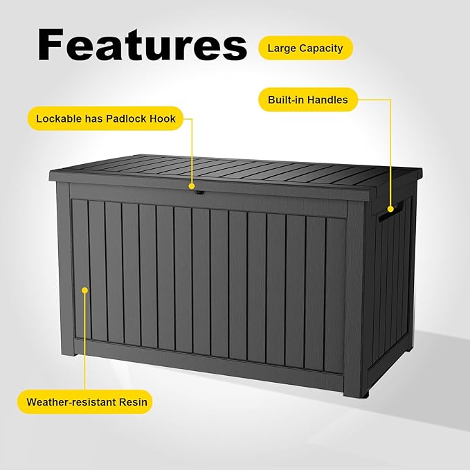 PatioZen 280 Gallon Resin Deck Box, Lockable Weatherproof Outdoor Storage Box for Furniture, Garden Tools and Tools Storage, Waterproof Outside Storage Boxes - Black