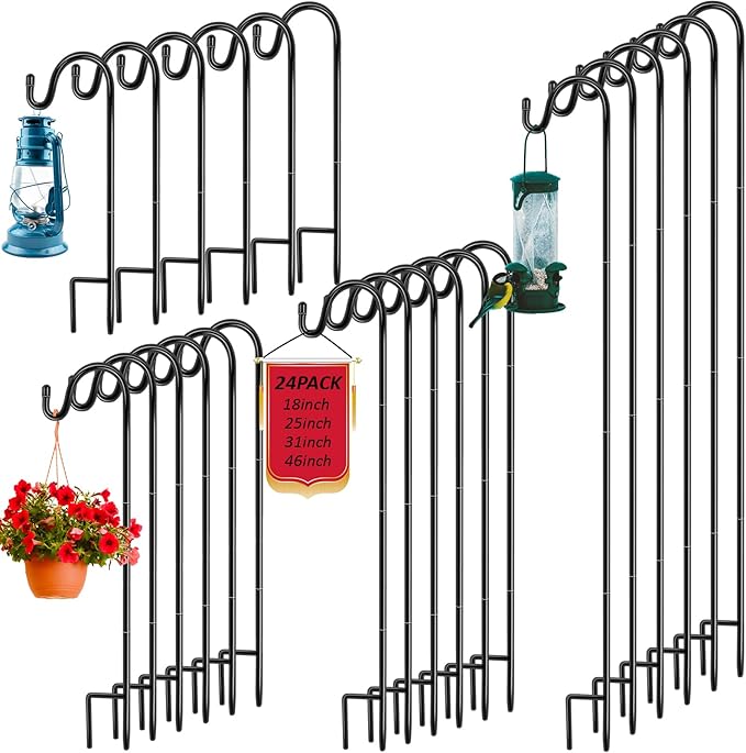 Hicarer 24 Pcs Shepherds Hooks for Outdoor 18/25/32/46 Inch Combination Adjustable Garden Hooks for Hanging Plant Baskets Solar Lights Wedding Decor Bird Feeder Lantern