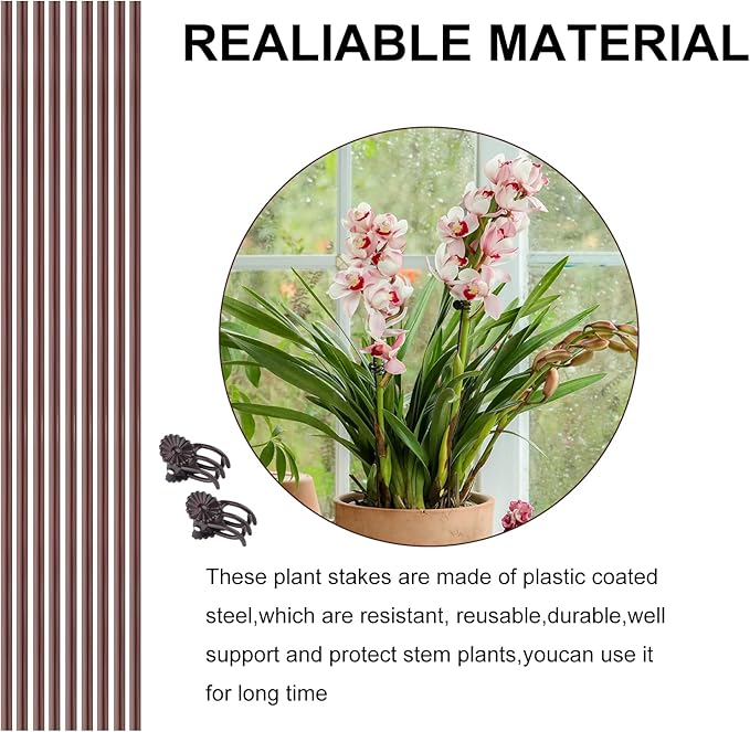 10Pcs Plant Support Stakes with 15pcs Plant Clips,15.7 Inches Bendable Plant Sticks for Indoor and Outdoor Plants,Single Stem Flower Stakes for Phalaenopsis Orchid Flower Roses(Brown)