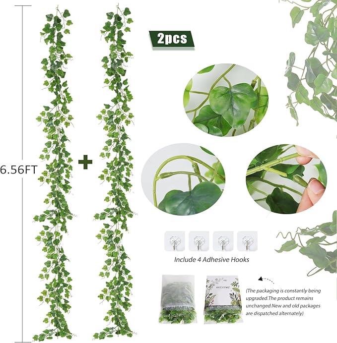 RECUTMS Artificial Vines Ivy Garland 2Pcs 6Ft Fake Hanging Vine Plants Faux Green Grape Leaves Greenery Indoor Outdoor Home Office Garden Wedding Jungle Beach Birthday Party Arch Table Spring Decor