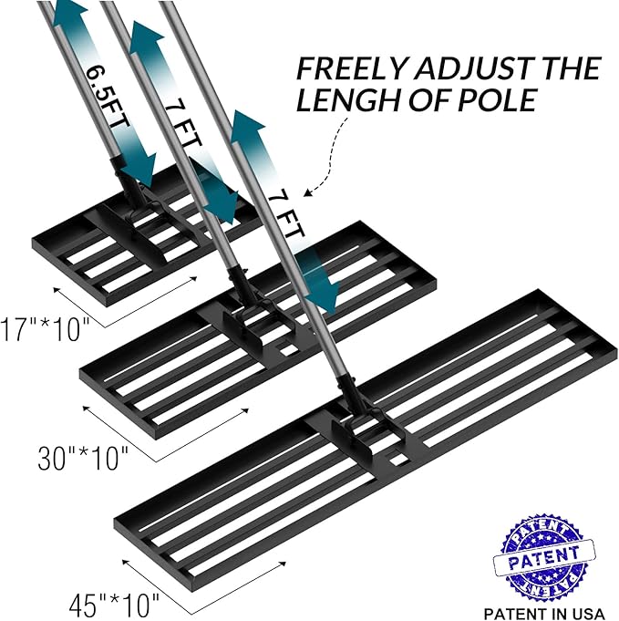 Walensee Lawn Leveling Rake, Levelawn Tool, Heavy Duty Effort Saving Lawn Level Tool, Steel Handle Lawn Leveler for Yard Garden Golf Course , Ease Level Soil Sand Dirt Surfaces, 7FT 45"x10"