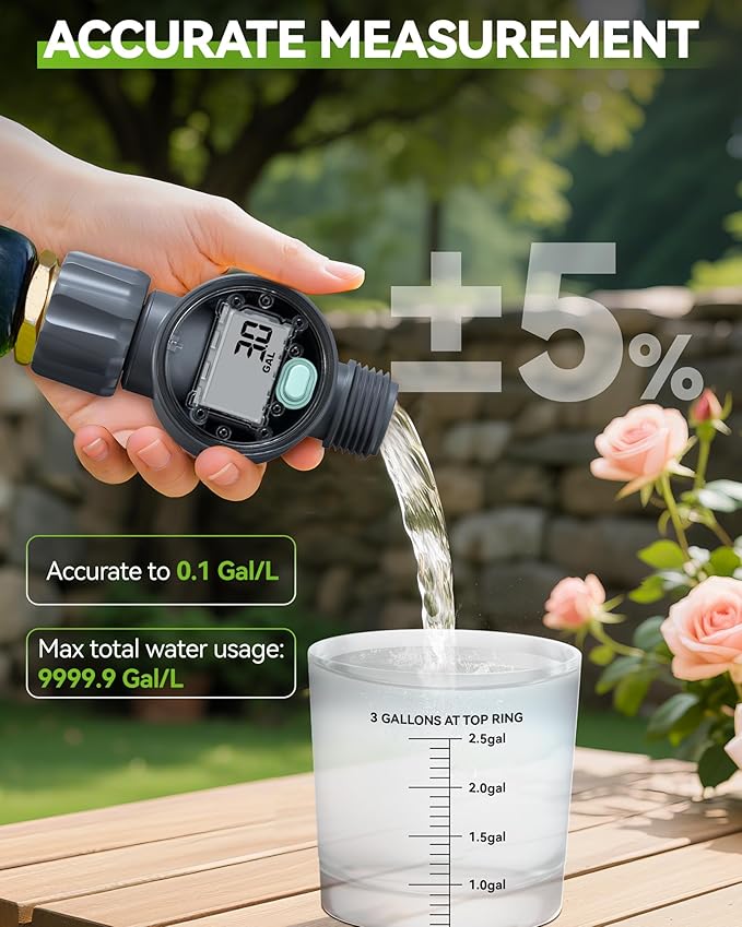 RAINPOINT Water Flow Meter, ±5% Accuracy, Measure Consumption and Flow Rate up to 9999.9 Gallon/Liter, Water Meter for RV, Garden Hose, Pool, Lawn Sprinkler & Nozzle Sprayer