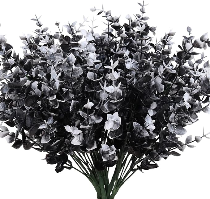 RECUTMS Black Artificial Flowers, Fake Outdoor UV Resistant Plants Faux Plastic Greenery Shrubs Indoor Outside Hanging Planter Halloween Flower Decor (Black +White Eucalyptus)