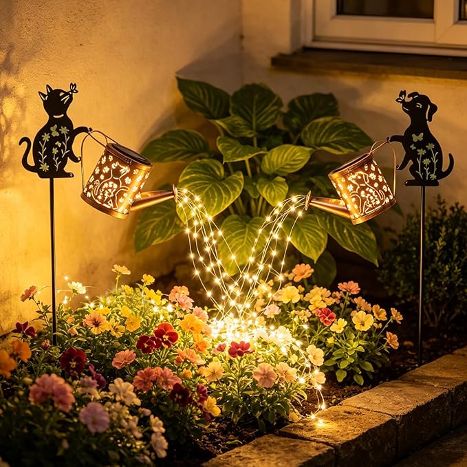 Solar Watering_Can with Light, Outdoor Garden Decoration, Featuring A Metal Dog Statue Garden Stake; Makes A Great Gift for Women, for Outdoor Landscaping, Lawns, and Pathway
