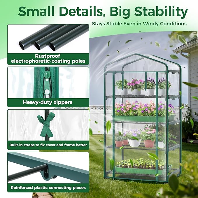 Ohuhu Mini Greenhouse for Indoor Outdoor with Wheel, Small Plastic Plant Green House 4-Tier Rack Stand Portable Greenhouses with Durable PVC Cover for Seedling