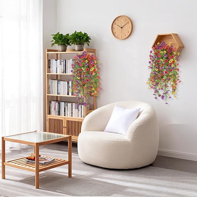 Artificial Hanging Flowers for Outdoors, 2 Pcs Fake Hanging Plants Spring Summer Decor, UV Resistant Faux Silk Daisy Flower for Front Door Porch Planter Patio Yard Garden(Purple Rose Red Yellow)