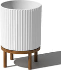 Veradek Demi Series Round Planter w/ Stand for Porch/Patio | Durable Plastic-Concrete & Wooden Stand | Modern Décor for Tall Plants, Flowers