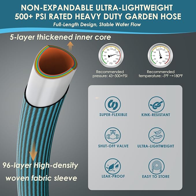 NON-EXPANDABLE Garden Hose 75 ft, Ultra Lightweight Flexible Water Hose with 10-Pattern Nozzle & Shut-Off Valve, Holder, Leakproof & Kink-Resistant Reinforced Fittings for Yard Outdoor
