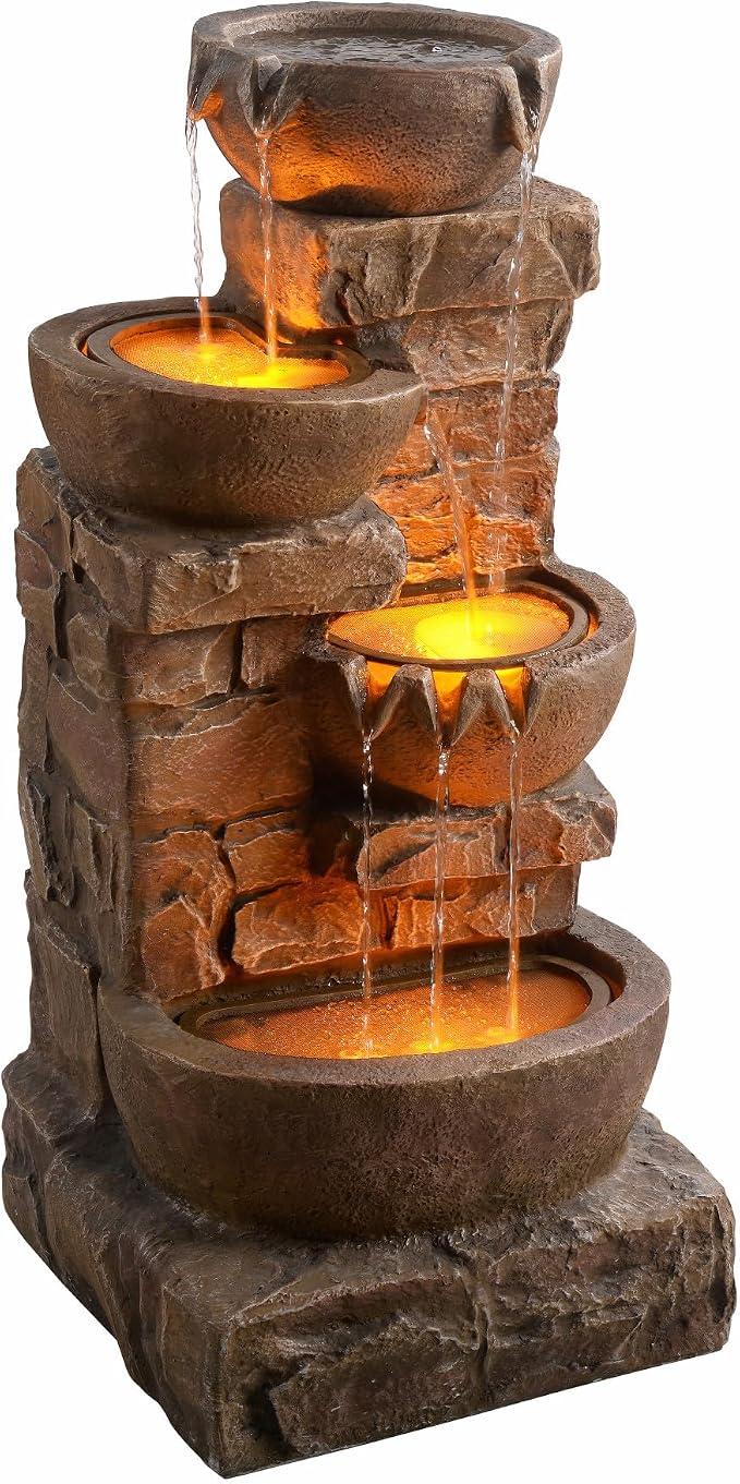 Teamson Home 33.27" Cascading Bowls & Stacked Stones LED Water Fountain for Outdoor Living Spaces, Brown