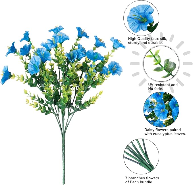 HyeFlora Artificial Fake Outdoor Flowers Plants for Spring Summer Decor, 12 Bundles Outside Silk Blue Morning Glory UV Resistant Look Real Faux Flowers for Front Door Patio Porch Yard Window Balcony