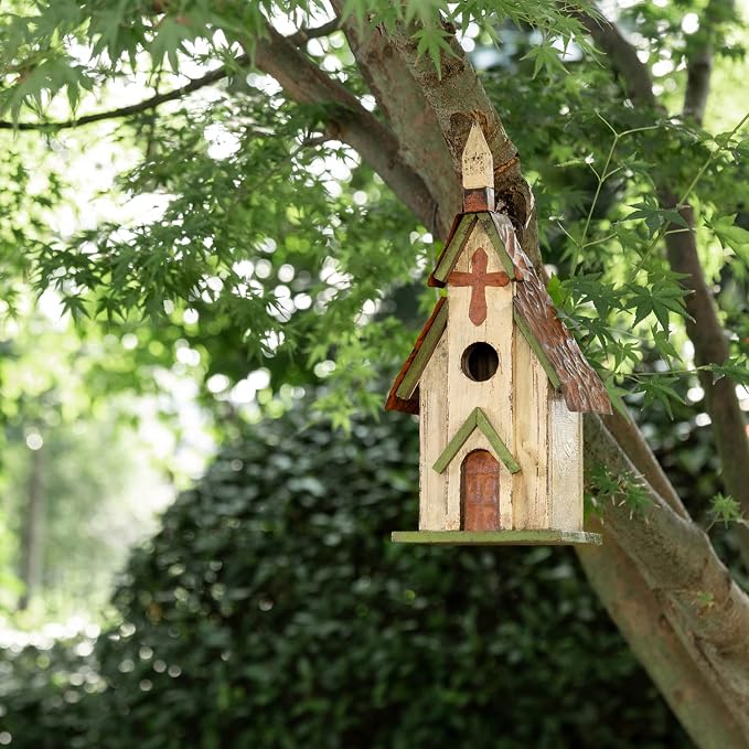 Glitzhome 14" H Hanging Distressed Wooden Church Birdhouse Garden Decor