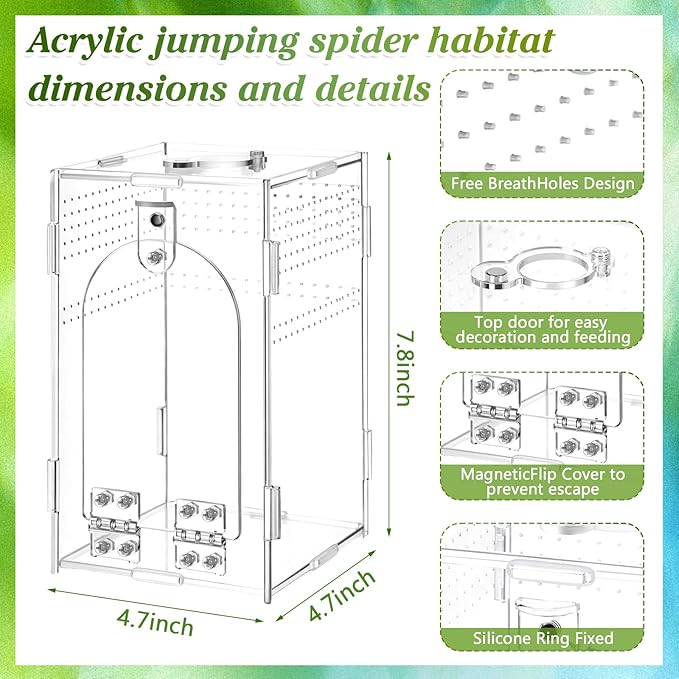 Jumping Spider Enclosure with Habitat Mini Figurines Set Acrylic Terrarium Habitat Mini Jumping Spider House Decorations for Tarantulas Snail Mantis Small Reptiles(Side Door)