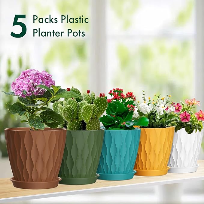 Meowell 6 inch Plant Pots, 5Pack Water Ripple Flower Pots for Indoor Outdoor Plants, Plastic Planters with Drainage Holes and Saucers, Nursery Pots for Small Succulent Garden House Plants, Multicolor