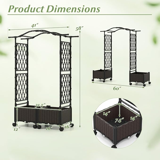 Giantex Planter Boxes with Arch Trellis, 5FT Self-Watering Tall Raised Garden Bed w/Wheels, Hanging Roof & Drainage Holes, Outdoor Indoor Tomato Planter for Climbing Vines Vegetables (60"x16"x58")