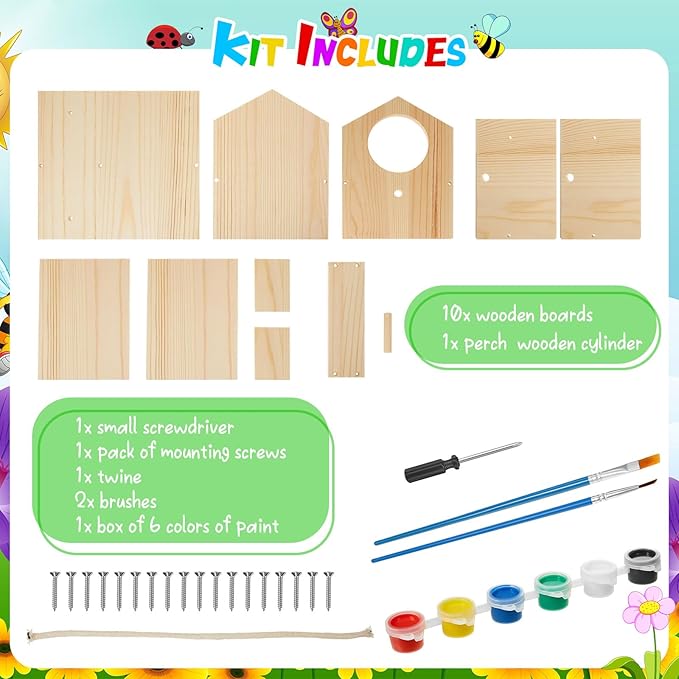 Liliful 4 Pack DIY Wooden Birdhouse Kit, Crafts for Kids and Adults, Bird House with Paint and Paintbrushes Painting Kits for Boys and Girls, Spring Birthday Classroom Gifts for Ages 4-8