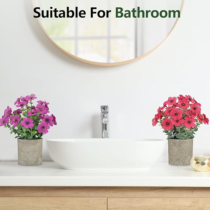 2 Pack Small Fake Plants Potted Artificial Plants Artificial Flowers Potted Faux Flower Daisy with Eucalyptus Leaves for Home Decor Office Room Farmhouse Indoor Table Bathroom Decor（Purple&magenta）