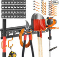 Garden Tool Organizer Wall Mount - Garage Storage and Organization Yard Tool Hanger with Adjustable Pegboard Hooks Shed Rack for Broom Mop Shovel Rake Trimmers, 64 inch Max 750lbs, Black