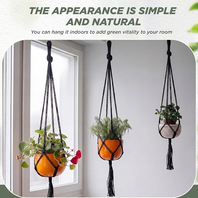 EBOOT 3 Pack 33 41 48 Inch Large Macrame Plant Hanger Rope to Hang Flower Pot Plant Holder for Indoor Outdoor Decorations, 4 Legs (Black)