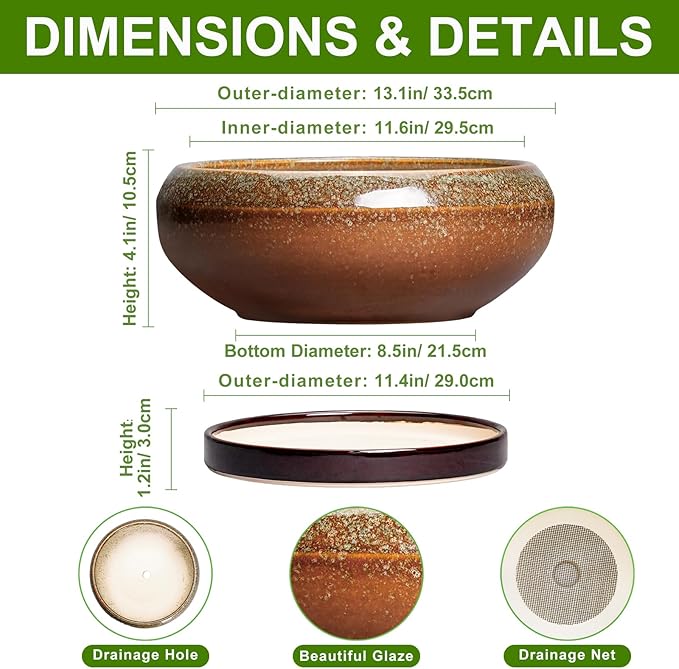 Bonsai Pots 13 Inch - Large Ceramic Succulent Planter for Indoor Outdoor, Round Shallow Planters with Drainage Hole and Saucer, Large Succulent Pots, Patio Decor, Garden Gifts, Retro Brown