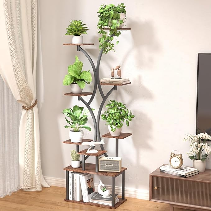 REFGY 65 inch Plant Stand Indoor with Grow Lights, 9 Tiered Metal Plant Stands Indoor, Tall Plant Shelf for Multiple Plants, for Living Room, Patio Balcony or Office (Rustic Brown)