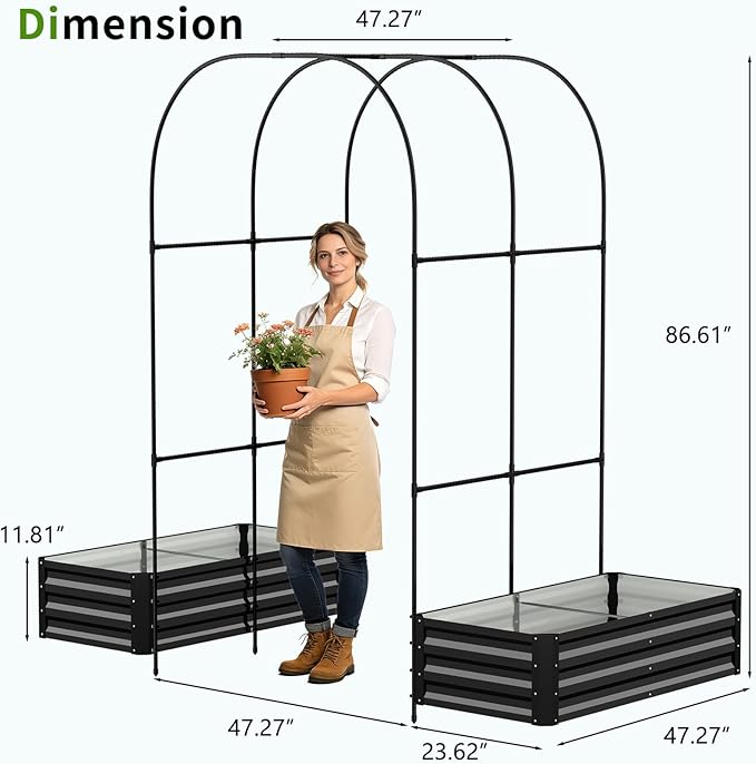 DoCred 3 in 1 Galvanized Raised Garden Bed, 2Pcs Garden Planter Box with 87" H Trellis for Climbing Plants, Outdoor Gardening Raised Beds with Climbing Net for Fruits, Vegetables, Flower (Black)