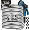 LINODI Metal Garden Hose, 50ft Stainless Steel Garden Hose – 3/4" GHT Solid Brass Connectors – Heavy Duty Flexible Metal Water Hose with 10-Way Spray Nozzle – Kink-Free Watering Kit