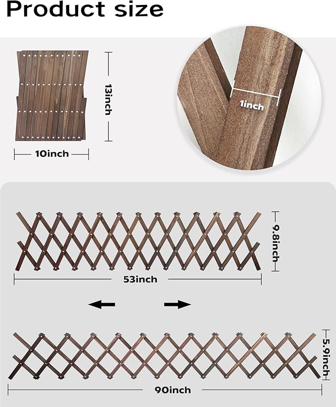 Expandable Garden Trellis, Indoor Wood Decorative Fence Panels for Climbing Plants, Vine Ivy Rose Support, Balcony Wall Decor, Yard Landscape Edging, Patio Divider, Animal Barrier (5.9 X 90 inch)