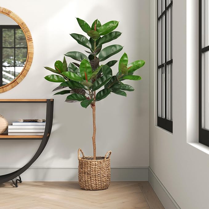5FT Tall Fake Tree Plant for Home Decor, Artificial Rubber Tree Indoor Floor Plant, Large Faux Ficus Tree Potted Fake Tropical Plants Decorative for Office Store Room Corner Decor
