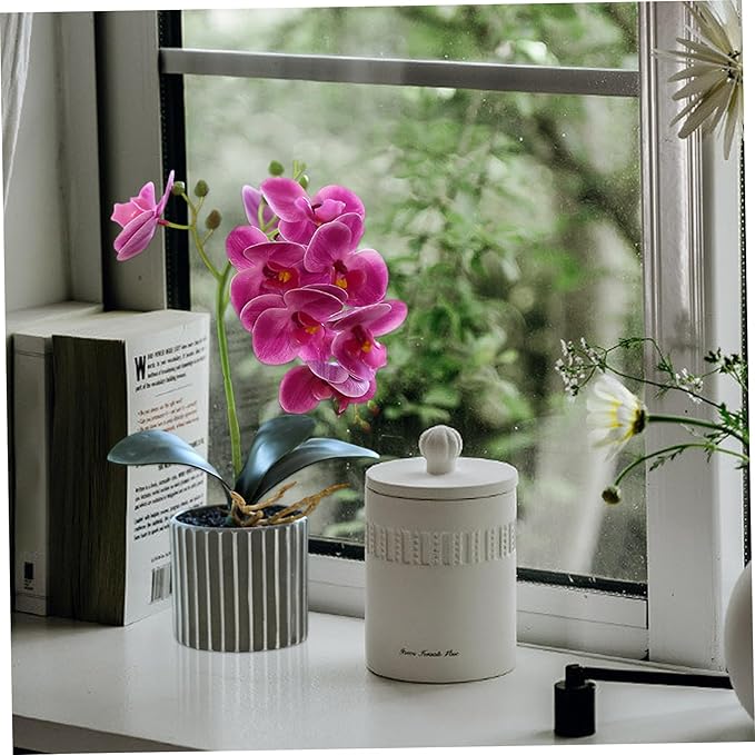 Artificial Orchid 12.6 Inch Tall Realistic Faux Orchid in A Pot Real Touch Decorative Bonsai Fake Flowers for Table Centerpieces Living Room Home Decor Purple