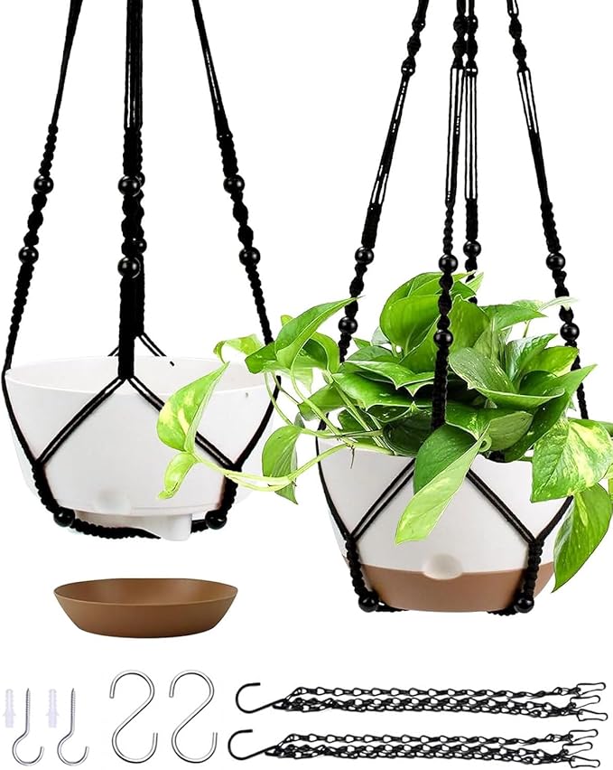 Koalaime Hanging Planter Self Watering 10 Inch, 2 Pack Indoor Outdoor Hanging Baskets, Hanging Flower Pots with Drainage Hole & 2 Kinds of Plant Hangers for Garden Home Decor(Black Hanger
