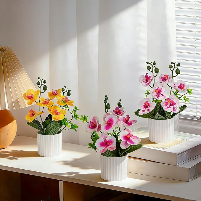 4Pcs Fake Orchids Artificial Flowers Washable Phalaenopsis Orchids Flowers in Pot for Home Wedding Table Centerpiece Bathroom Office Decoration (White & Purple & Yellow)