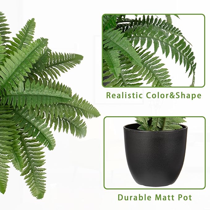 Hollyone 2Pcs Fake Fern Potted Plant Artificial Boston Ferns in Pot 35 Leaves for Outdoors & Indoor Faux Fern Bush Plant 20inch for Patio Garden Farmhouse Windowsill Office Living Room Home Decor