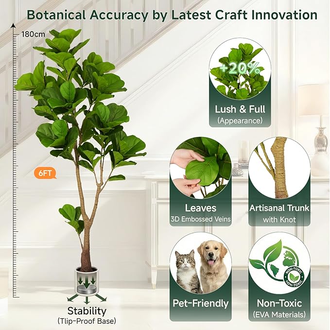 6ft Artificial Fiddle Leaf Fig Tree Tall Large Realistic Fake Ficus Lyrata Plant for Indoor Home Decor Office Living Room Floor Plant Modern Farmhouse Silk Tree 72 Inch Pet Safe Maintenance Free