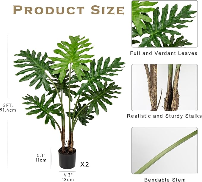 Hollyone Artificial Tree Philodendron Plant 3FT Tall Faux Monstera Indoor Trees Fake Tropical Palm Plants Trees House Plants in Pot for Indoor Outdoor Home Office Garden Living Room Decoration, 2 Pack