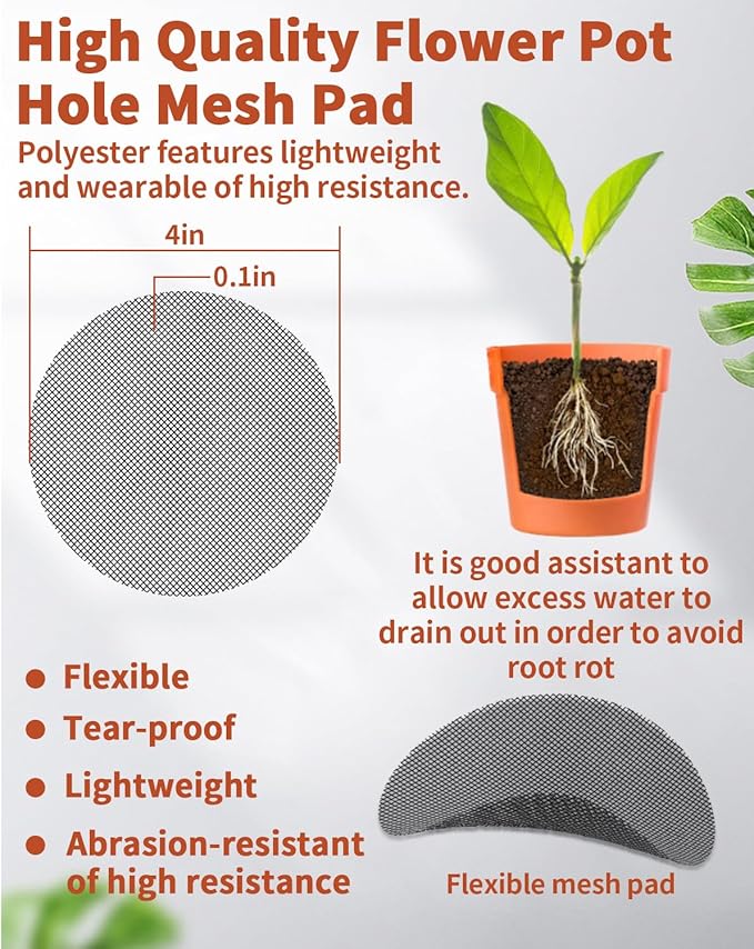 50PCS Flower Pot Hole Mesh Pad, 4 inch Rounds Drainage Hole, Plant Pot Drainage Mat, Plant Potting Mat to Prevent Soil Loss, Gardening Gifts for Friend