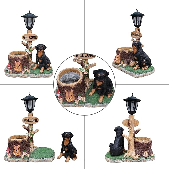 Animal Outdoor Statue Planter Solar Light Welcome Garden Sculpture Resin Flower Pot Decorative Porch Patio Yard Lawn Entryway Figurine with LED Lamp Rustic Plant Holder Ornament Courtyard (L)