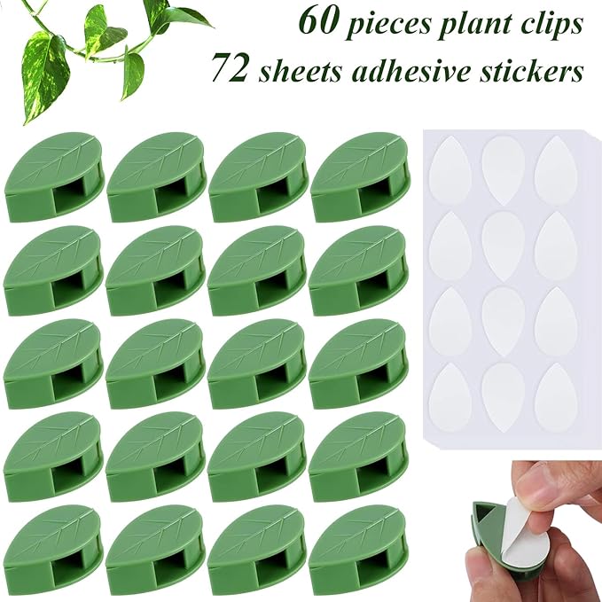 60PCS Plant Wall Clips with Self Adhesive Stickers - Vine Clips for Climbing Plants, Leaf Shaped Invisible Plant Support for Pothos Ivy, Indoor Outdoor Cable Management