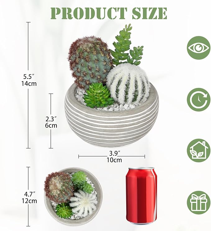 Artificial Cactus Plants Indoor, 5.5" Assorted Small Faux Succulent in Pots Fake Potted Desk Plant with Concrete Bowl Mini Succulents Artificial Cactus Decor for Home Office Bathroom Table Shelf
