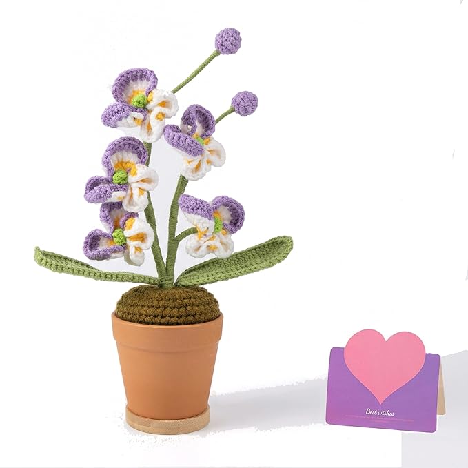 Handmade Crochet Orchid Potted Plants, Knitted Artificial Forever Flowers with Exquisite Pot, for Friends, Women, and Kids, Ideal for Home Decorations and Office Desks Wooden