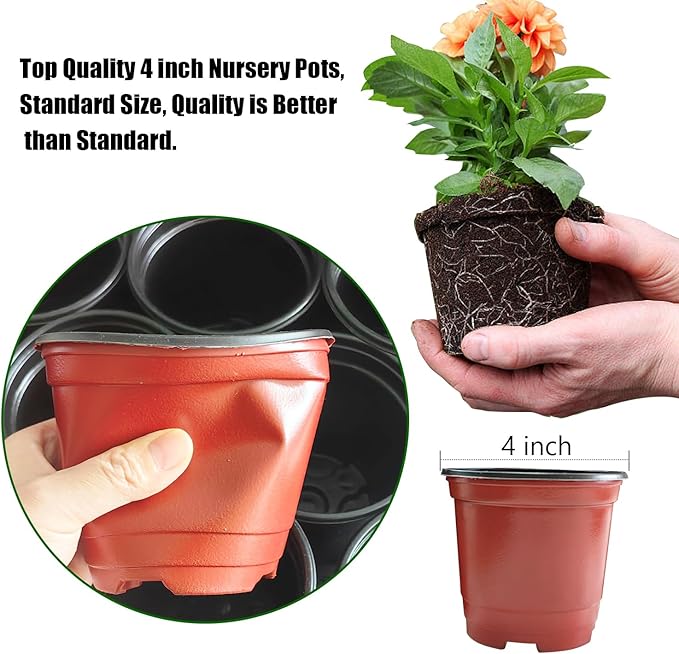 RooTrimmer Plant Nursery Pots with Humidity Domes, 25 Sets 4 Inch Soft Nursery Pots Quality Ones (25 Red Pots + 25 Clear Lids), Seeds Starter Pots Small Planter Containers