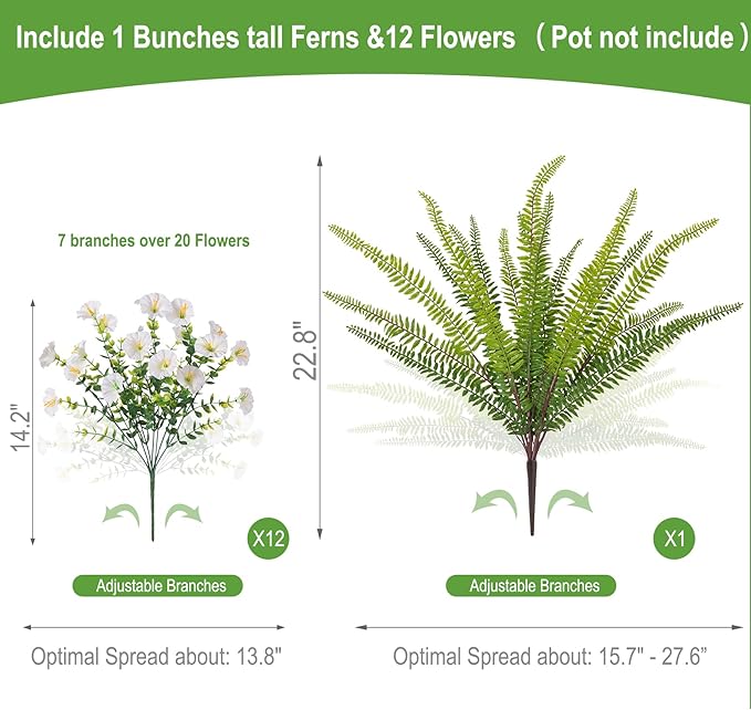 Hrobek Artificial Flowers for Outdoors Faux Plants Outside Indoor,UV Resistant Silk Fake Morning Glory Tall Ferns for Home Patio Garden Back Yard Front Porch Decor Spring Summer(13 Bunches,White)