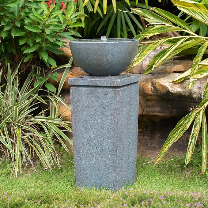 35.5" Polyresin Gray Zen Bowl Water Fountain, Outdoor Bird Bath and Pedestal Waterfall, Modern Minimalist Relaxing Water Feature for Garden, Lawn, Backyard & Porch