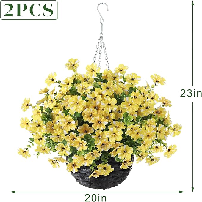 GLIDLION Artificial Flower & Eucalyptus with Hanging Basket - 2PCS Faux UV Sun Resistant Morning Glory in Planter, Fake Colorful Silk Flowers for Spring Summer Porch Patio Balcony Yard Decor (Yellow)