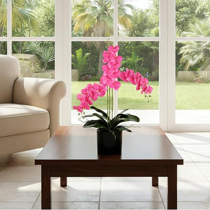 4PCS Faux Orchid Artificial Flowers, 35inch Long Stem Phalaenopsis Branches，Hot Pink Fake Orchid Flowers for Tall Vase Home Wedding Party Decoration (Hot Pink)