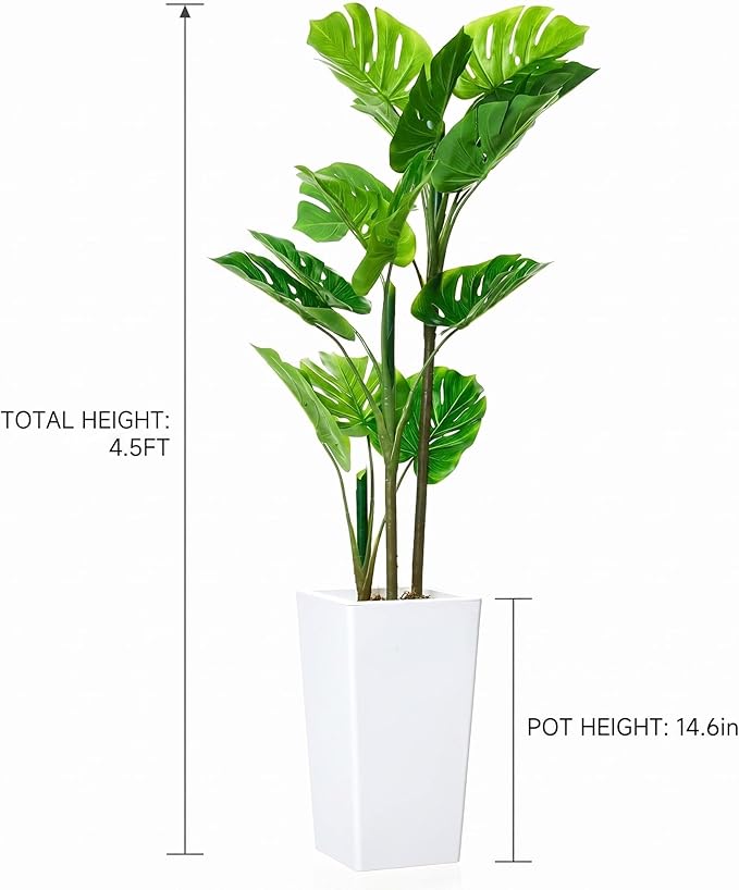 Garvee 4.5FT Artificial Monstera Plant, Faux Tropical Palm Tree with White Tall Planter, Decorative Evergreen Tropical Floor Tree for Living Room, Entryway, Porch, Office