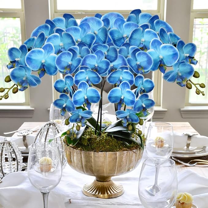 DILATATA 4 Pcs Fake Orchid Flowers 9 Large Heads of Real Touch Vivid Phalaenopsis Orchid Flower Stem 36'' Tall, Artificial Flowers Branches for Home Decor, Office House Deco-Blue Flowers