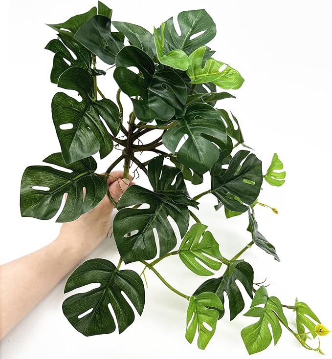 Artificial Monstera Plants, Fake Tropical Palm Small Potted Faux Hanging Greenery Mini Plants for Indoor Outdoor Home Office Garden Houseplants Pot Decor Wedding Party DIY Decoration - Green 2 Pack