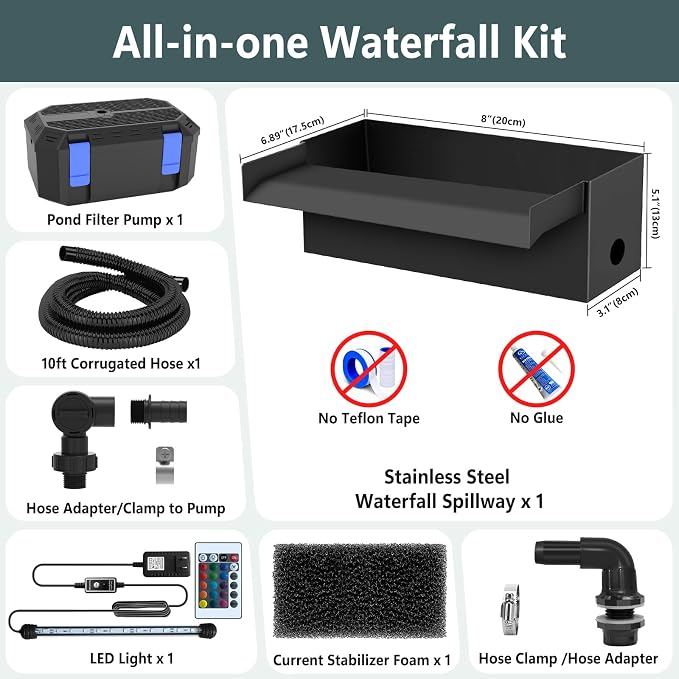 All-in-1 Pond Waterfall Kit | 35W 550GPH Pond Filter Pump with 8" Stainless Steel Spillway | Remote Control LED Lights | 4-Stage Filtration System for Backyard Garden & Outdoor Water Feature